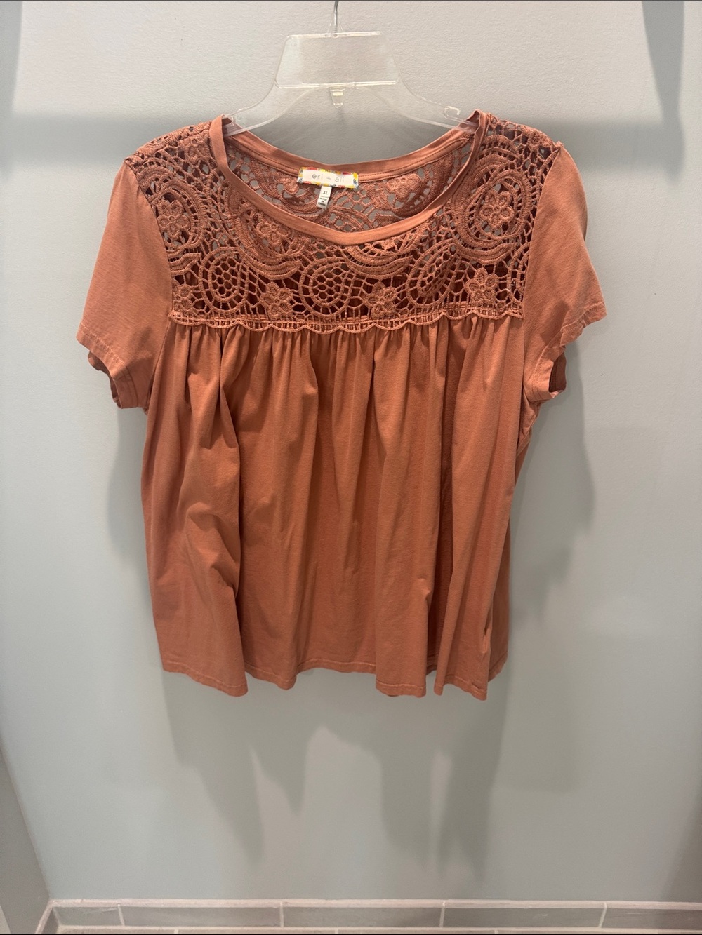 Anthropologie Rust Crochet Yoke Short Sleeve Tee